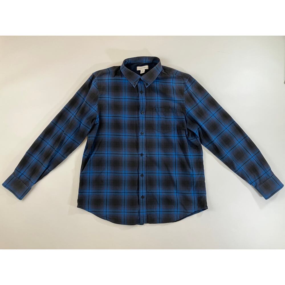 Calvin Klein Men L Blue Black Plaid Long Sleeve Button Down Shirt Chest Pocket